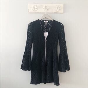 WAYF Black Floral Lace Zip Front Flare Long Sleeve Dress NEW